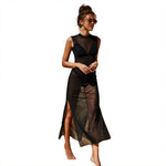 Women's black sheer sleeveless V-neck beach blouse, front view with flowing mesh overlay.