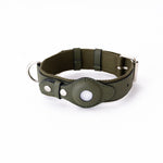 Dark green leather pet collar tracker with protective pouch and metal buckle