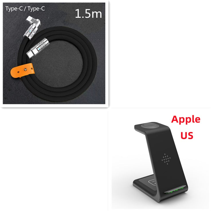 Wireless charger stand with cable, black, 1.5m, Lightning to Type-C connectors