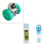 Interactive treat dispenser toy with teal spiky ball and dark window top, white housing
