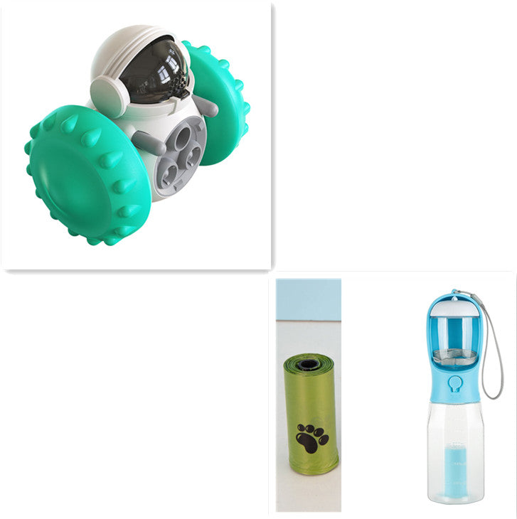 Interactive treat dispenser toy with teal spiky ball and dark window top, white housing