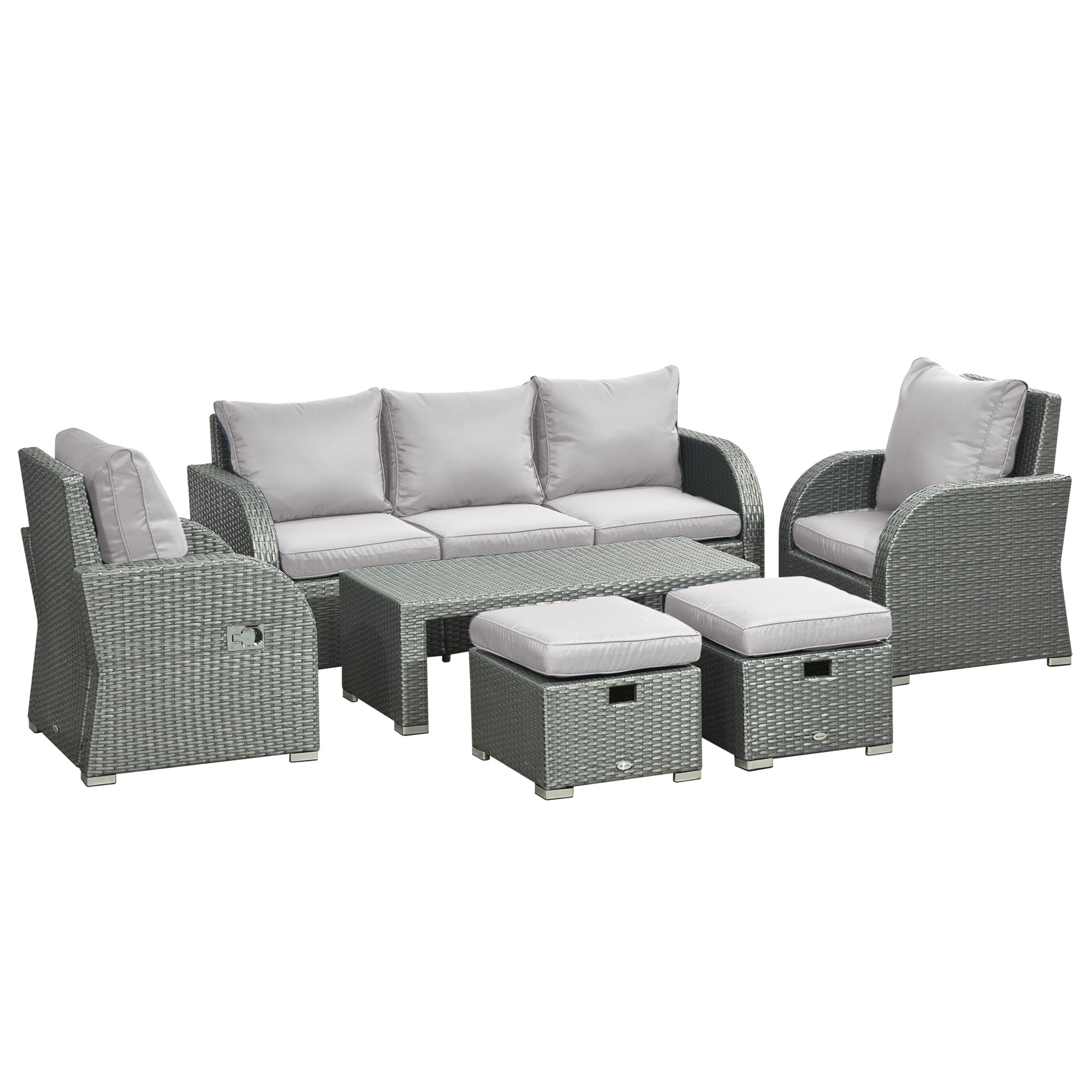Conjunto de Comedor de Ratán para Exteriores de Seis Piezas, Conjunto de Sofás de Exterior con Sillones Reclinables y Estructura Metálica, Gris
