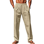 Men's breathable cotton-linen loose trousers, elastic waistband, beige/khaki, full-length