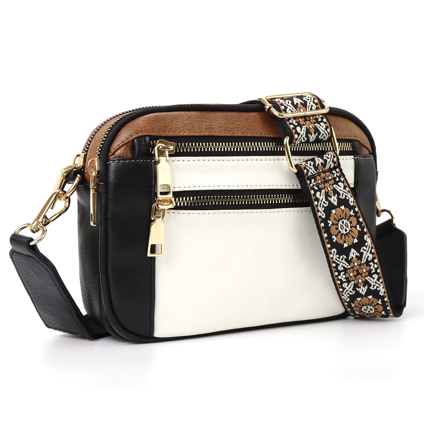 Black and white colorblock crossbody bag with triple zip front and floral embroidered strap