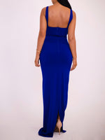 Royal blue strappy maxi bodycon dress with open-back square neckline, slim fit