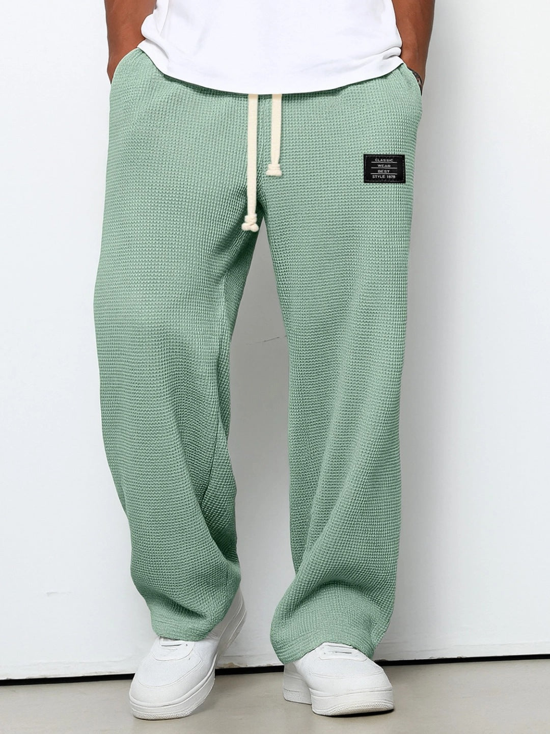 Men's waffle drawstring trousers, loose straight fit, dark green