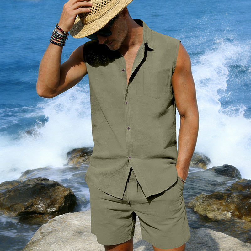 Linen sleeveless shirt & shorts set in sage green, button front, chest pocket
