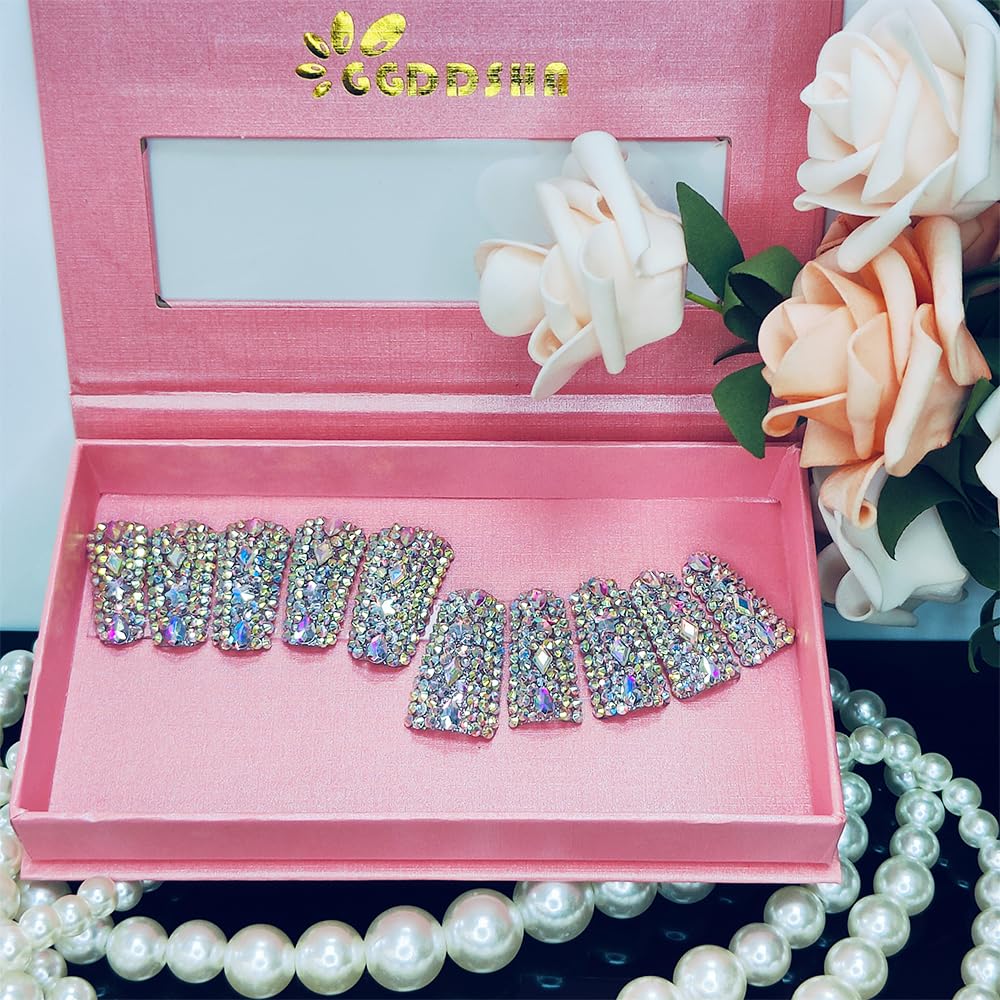 Iridescent rhinestone 3D crystal nail set with medium square tips