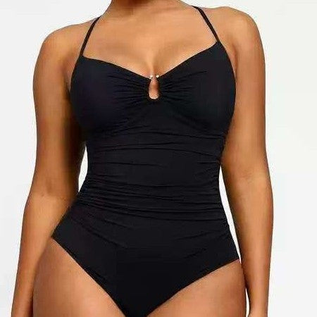 Women's ruched one-piece swimsuit with double straps, black solid color