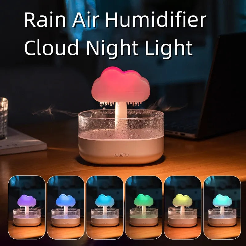 Humidificador de luz nocturna Nube de lluvia con sonido de gotas de agua y luz LED de 7 colores, difusor de aceites esenciales, aromaterapia