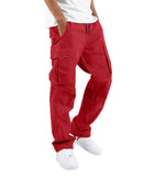 Men’s cargo pants, red, multi-pocket cargo style, drawstring waist, straight leg