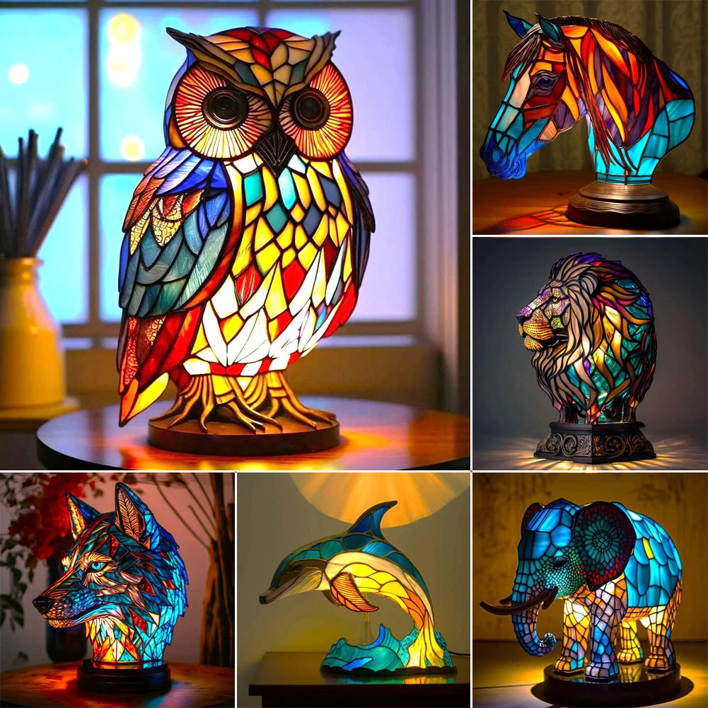 3D owl LED desk lamp with colorful stained-glass style resin body and round base