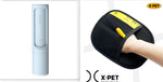 Reusable pet hair remover lint roller and pet grooming glove, light blue and black.
