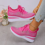 Women's rhinestone wedge sneakers, bright fuchsia pink lace-up with rhinestone cross pattern