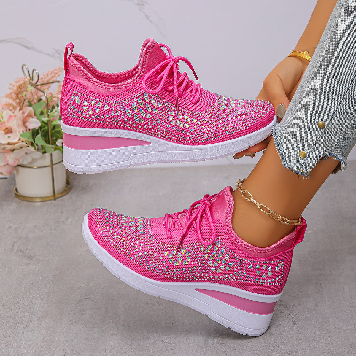 Women's rhinestone wedge sneakers, bright fuchsia pink lace-up with rhinestone cross pattern