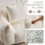 White plush bean bag loveseat sofa with two stacked pillows and side bolster