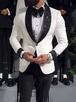 Dazzle in Style: White Tuxedo Jacket with Striking Black Sequin Lapel