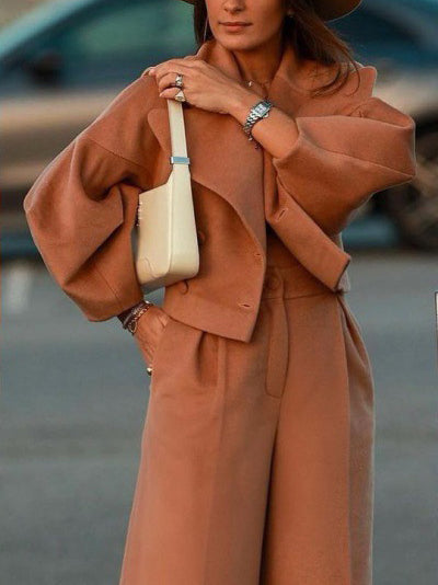 Camel brown lapel short jacket and high-waist wide-leg pants suit, long sleeves
