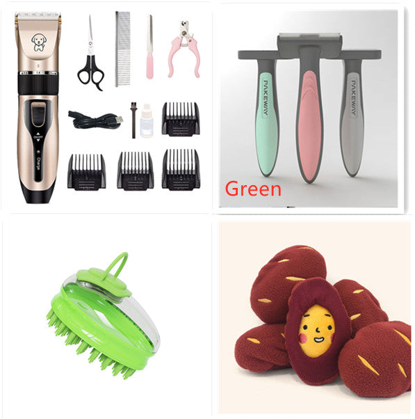 Pet grooming clipper kit with green-and-pink clippers, comb guards, brush, and accessories.