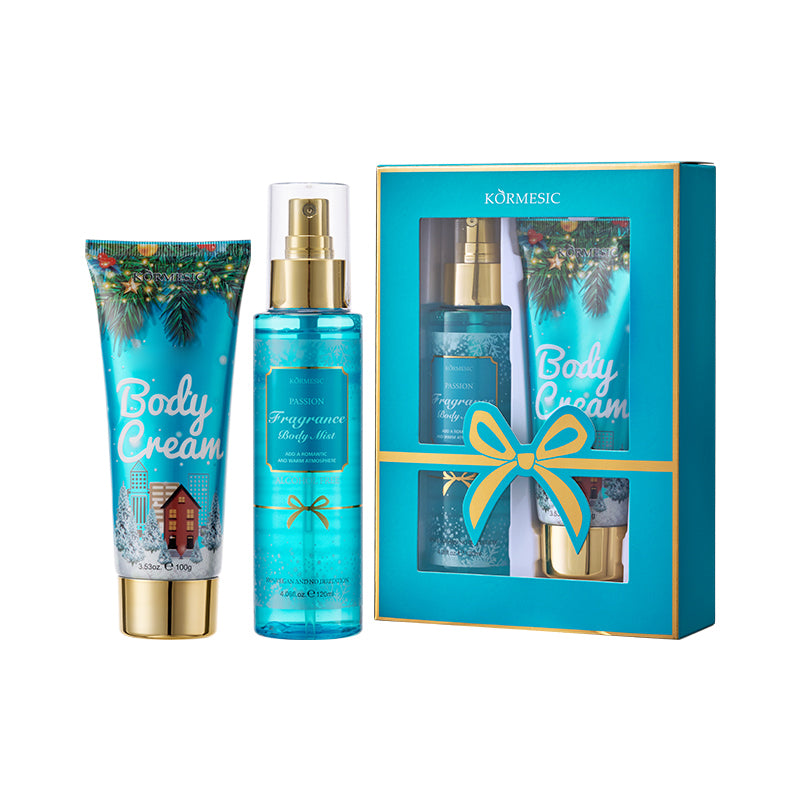 KORMESIC body cream set with blue box, spray bottle, and body cream tube