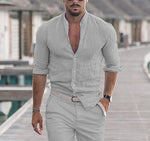 Men's casual cotton button-up shirt, light gray, V-neck placket, 3/4 sleeves