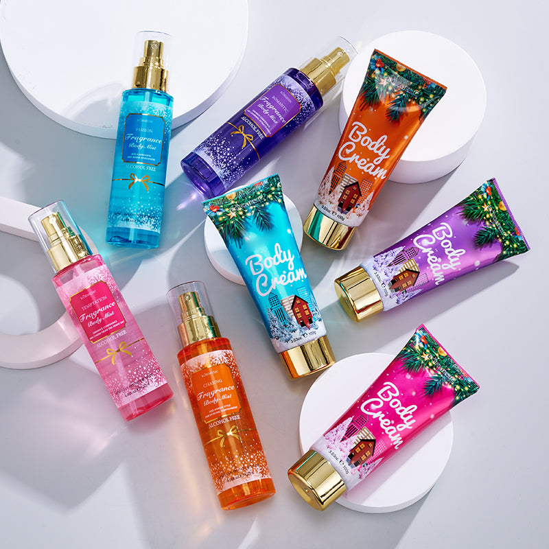 Fragrance body care bottles and tubes arranged on white circular stands