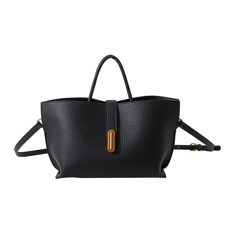 PU bucket tote with zipper, top handles and shoulder strap, black