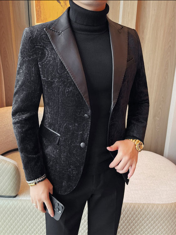 Luxurious Velvet Jacquard Leather Lapel Blazer for Men - Elevate Your Style