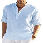 Men's cotton-linen long-sleeve shirt, light blue stand collar and button placket