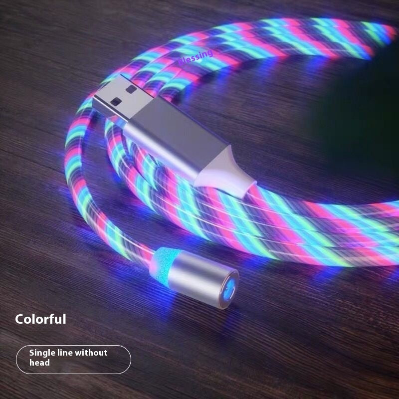 Colorful LED magnetic charging cable with USB-A connector and glowing cylinder charging tip