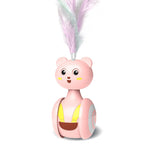Pink rolling cat teaser toy with yellow ball top and purple feather wand