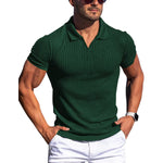 Men’s V-neck polo shirt, short sleeves, vertical stripe texture, dark green