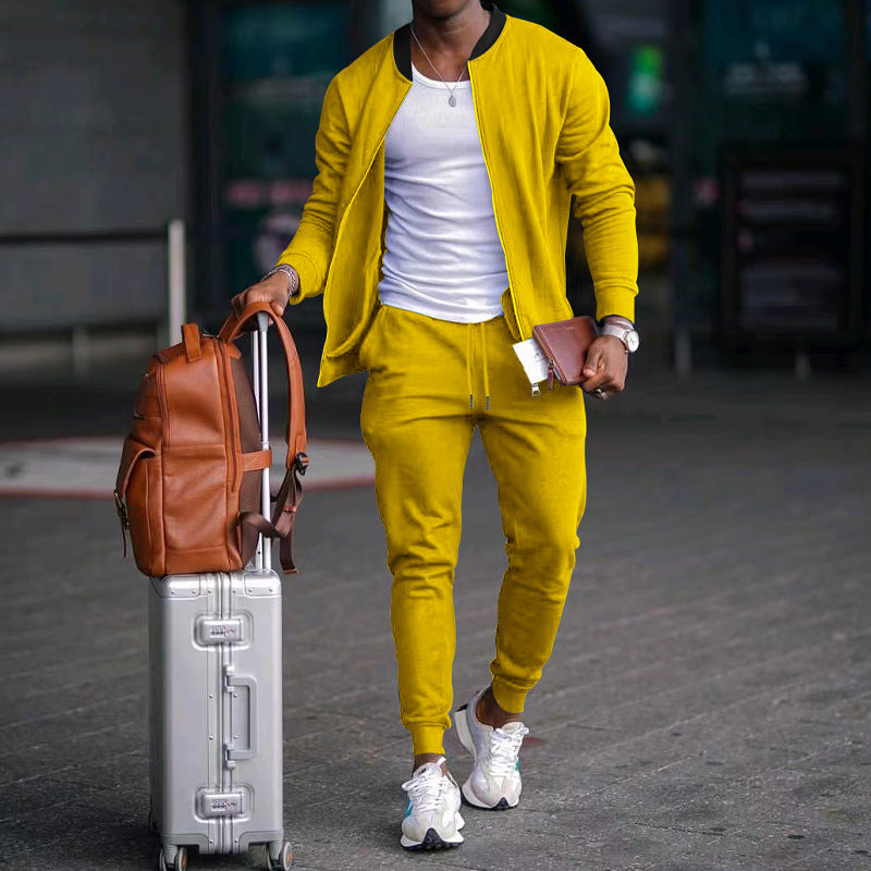 Men's yellow zip-up jacket with long sleeves and drawstring sweatpants set