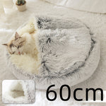 Plush round pet bed with gray shag top, cream base, 60cm