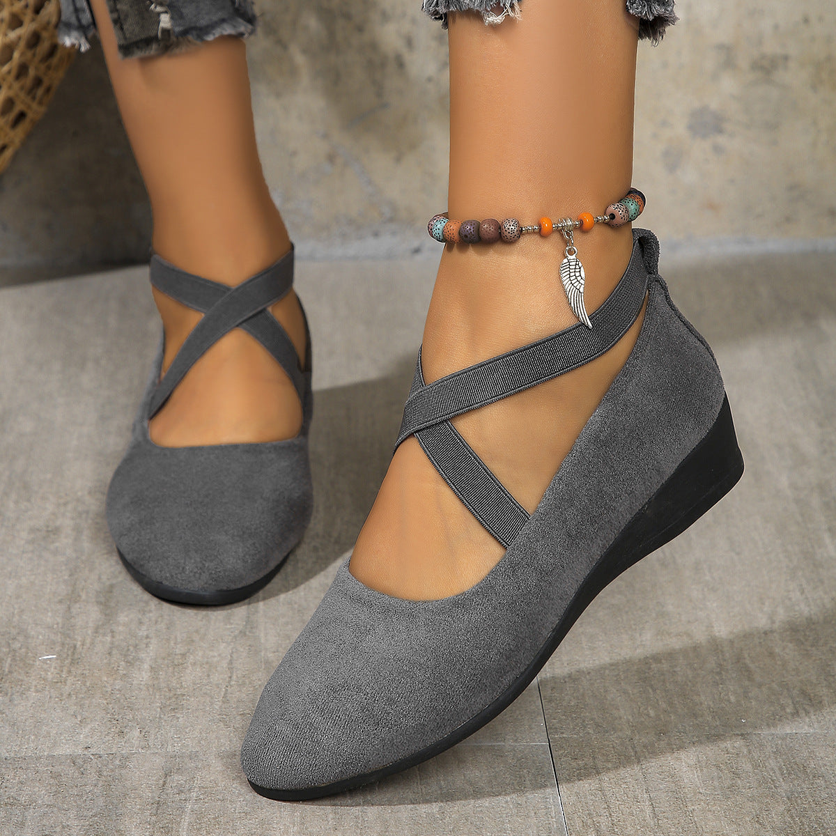 Women’s pointed toe cross-strap wedge flats in gray suede with elastic band at ankle