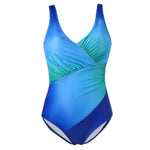 Women’s plus size gradient blue sleeveless one-piece swimsuit with V-neck and high leg