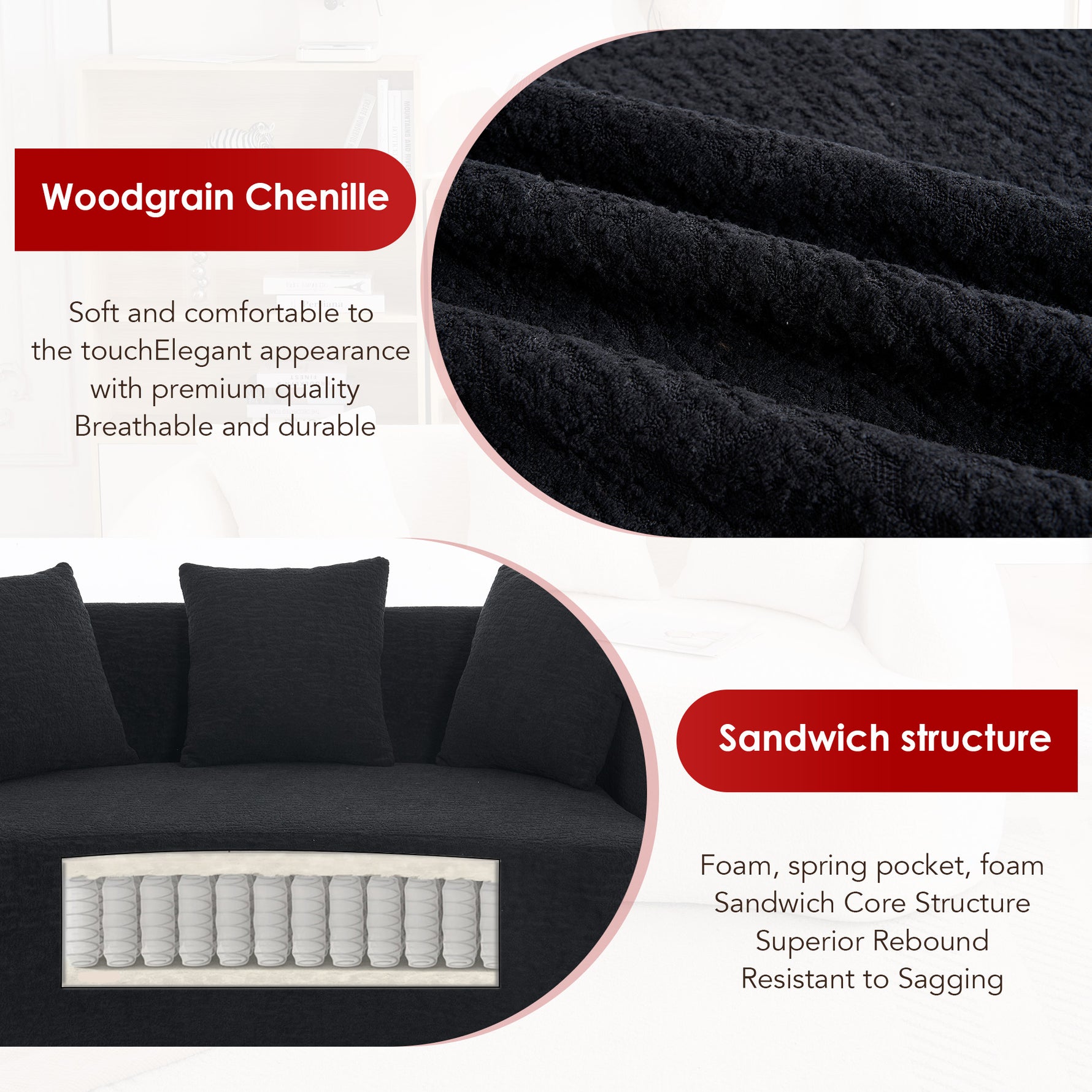 Compression Sponge Sofa Black Curved Modular Sectional  30D High-Density Chenille Sleeper Couch For Apartment Living Room 110L