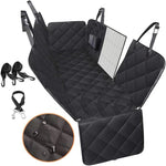 Black dog car seat cover hammock with mesh side panel, quilted padding, and integrated straps