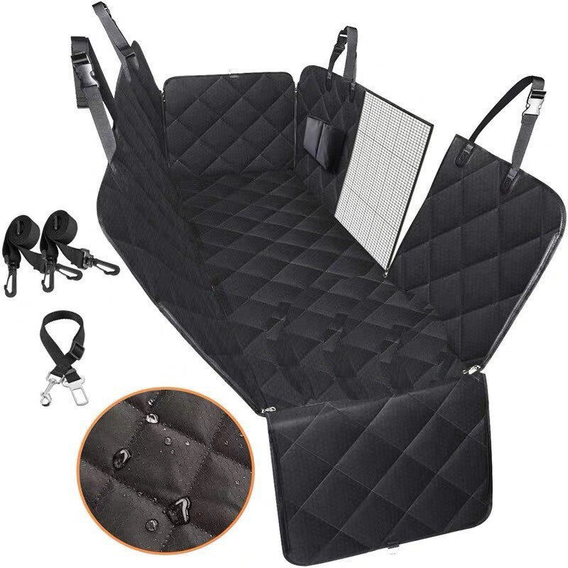 Black dog car seat cover hammock with mesh side panel, quilted padding, and integrated straps