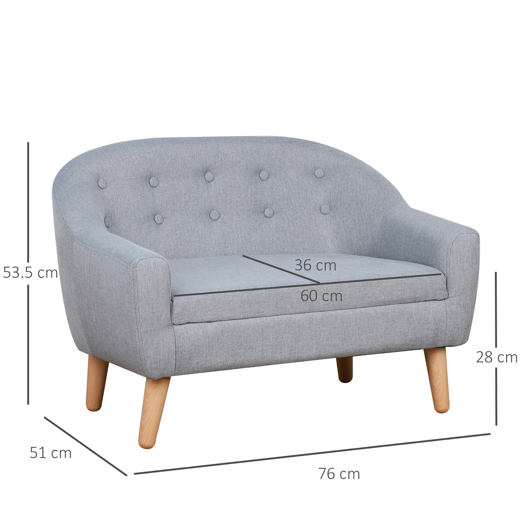 Kids 2-Seater Armchair – Wood Frame Mini Sofa for Children's Bedroom, Grey
