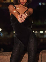 Black Velvet Patchwork Mesh Suspender Jumpsuit