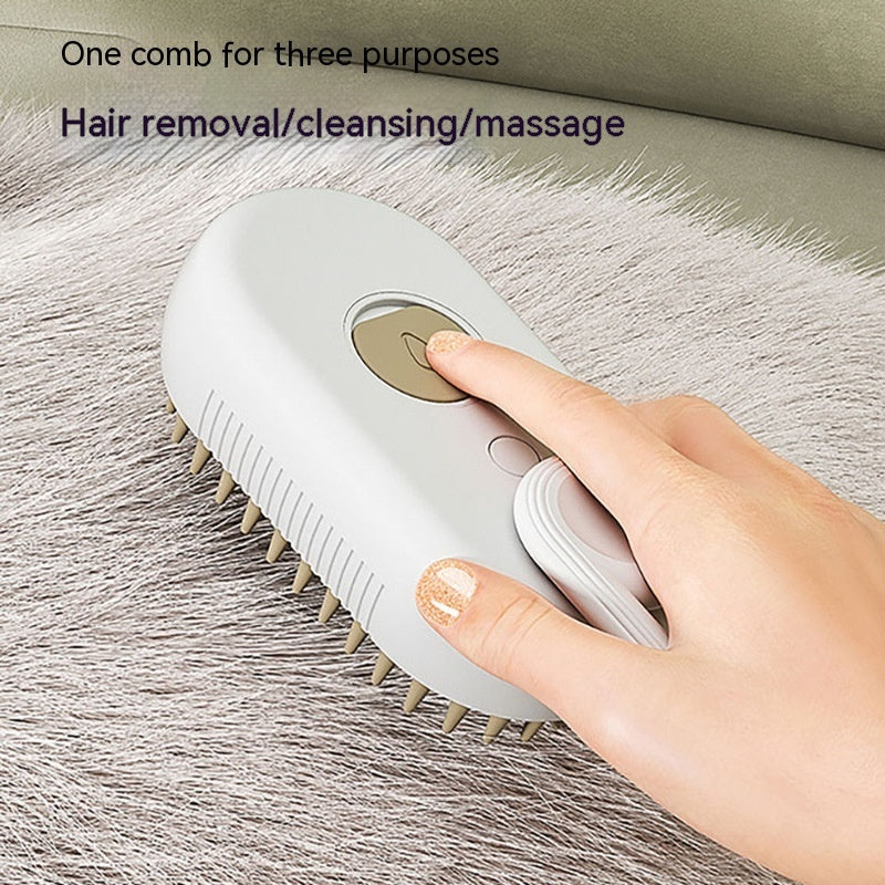 Electric steam pet brush with white oval body and tan bristle tips