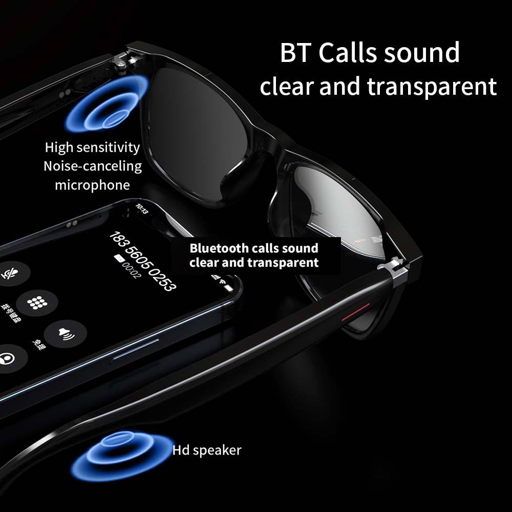 Black smart glasses with built-in microphone and HD speaker on the temple, close-up