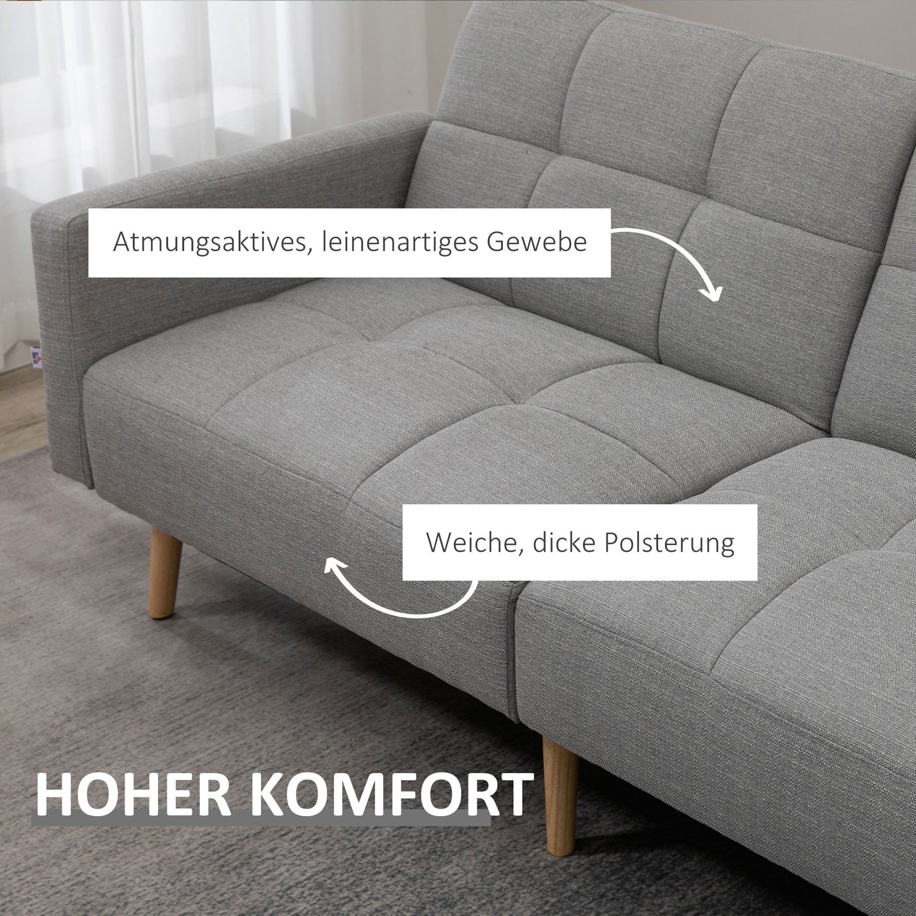 2-in-1 Convertible Sofa Bed 205x88cm – Linen-Look Grey Couch, Space-Saving Design