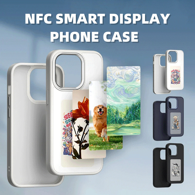 White NFC smart display phone case with square screen window and pet graphics