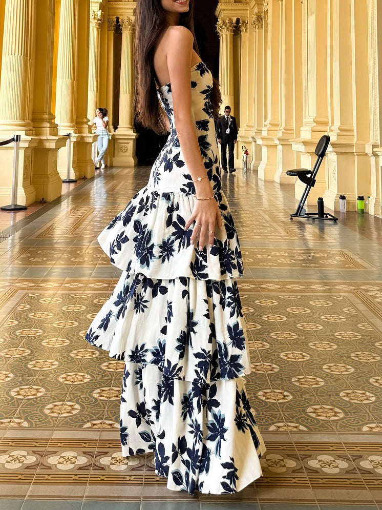 Strapless Ruffle Maxi Dress – Vibrant Print, Summer Vacation