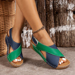 Colorblock wedge platform sandals, green and blue, open toe, hook-and-loop closure