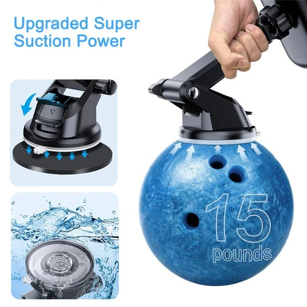 Universal car phone suction mount holder with black round suction cup and pivot arm