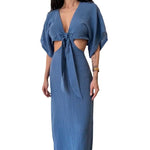 Women's sapphire blue maxi dress with tie-front V-neck and cutout shoulders, side bow