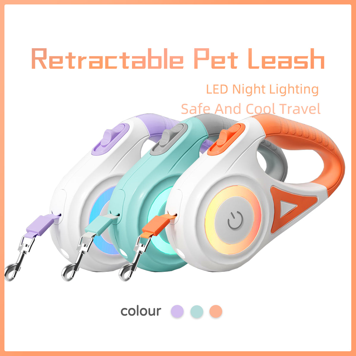 Retractable pet leash with LED night lighting in purple, teal, and orange colors